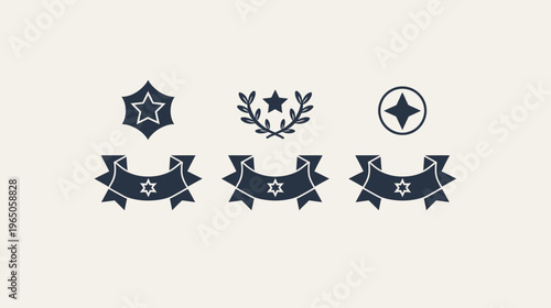 Graphic set of star-themed banners, olive branches, and round emblems on an off-white background