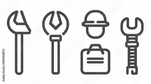 Line drawing of various tools and construction worker with briefcase on white