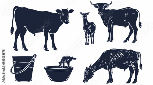 Illustration features various livestock and farming elements in black and white