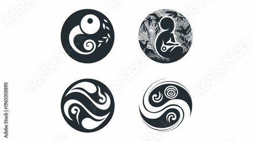 Four circular stylized graphic design elements on a white background