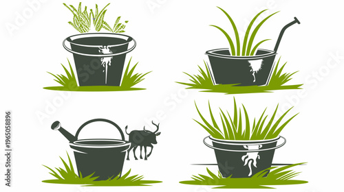 Vector graphics of buckets and watering can filled with grass. Deer silhouette is in the scene