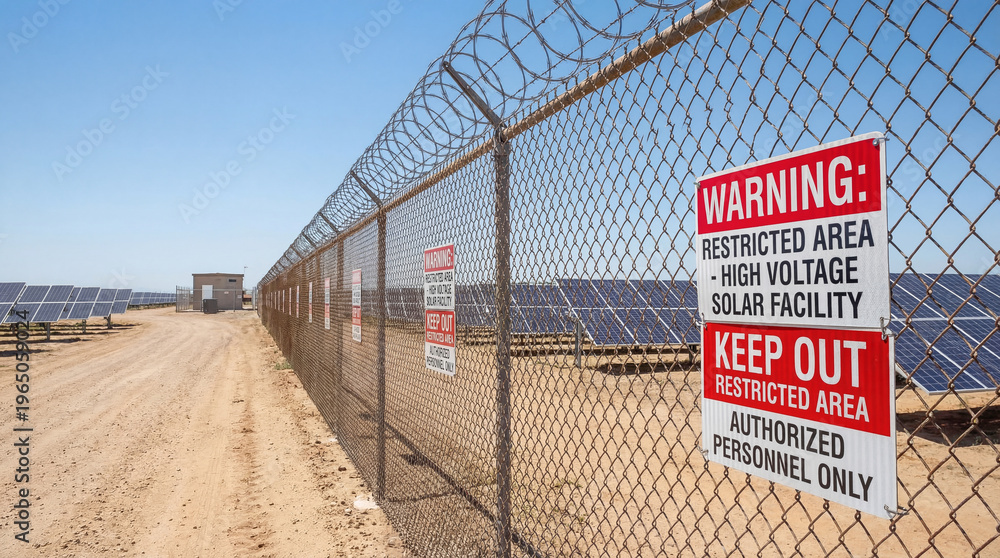 Fototapeta premium High Voltage Solar Facility Restricted Area Sign on Chain Link Fence with Barbed Wire at a Large Industrial Renewable Energy Power Plant Site in a Sunny Desert Landscape for Security and Safety
