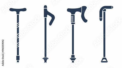 Silhouetted dark blue walking canes, different styles, positioned side by side, on white