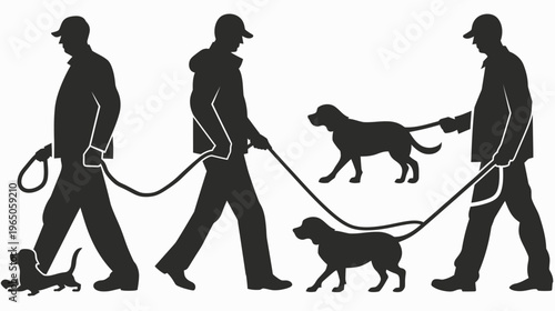 Silhouettes of three people walking dogs on leashes, all in a simple design