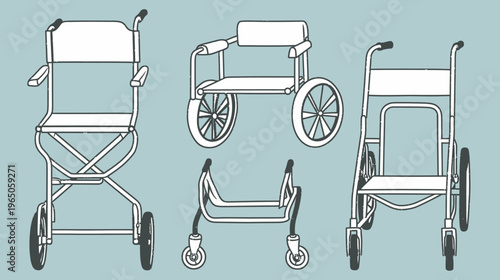 Five vintage-style wheelchair illustrations on a light blue background in a vector style