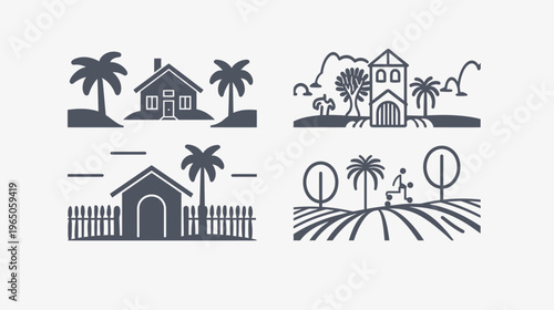 Four icon illustrations of different tranquil scenes featuring houses and palm trees