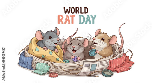 Illustration of three cute pet rats snuggled up together in a cozy nest made of newspaper and fabric, celebrating World Rat Day with a colorful design.