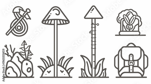 Outlined illustrations of camping gear, mushrooms, and nature elements, in a linear style