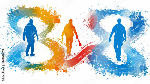 Watercolor art of 3 hikers on a path, surrounded by colorful splashes and snowflake details