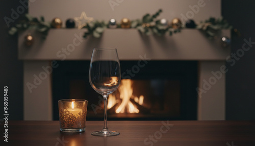 Minimalist Nordic Christmas Decor on Tabletop with Blurred Modern Fireplace Background