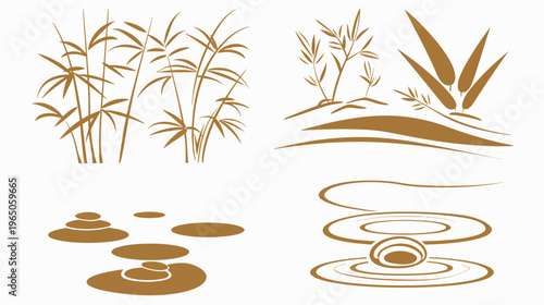Zen garden graphic with stylized bamboo, stones, and water ripples in sepia tones