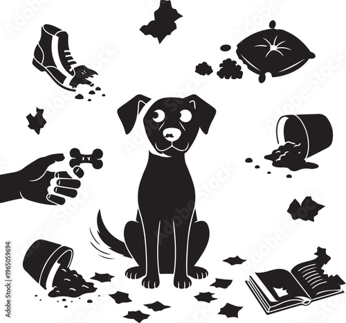 Silhouette of a dog surrounded by scattered items silhouette, Generative Ai