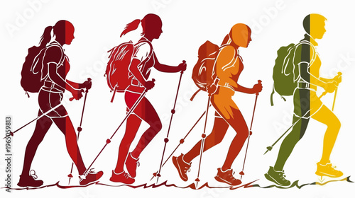 Silhouetted hikers with trekking poles are displayed in earth tones on a white field