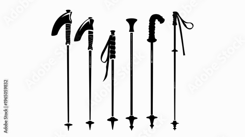 Six different walking sticks in silhouette, varying grips and tips, solid black against white
