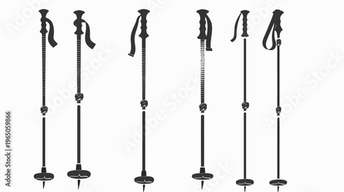 Group of various trekking poles or ski poles, isolated and depicted as a silhouette