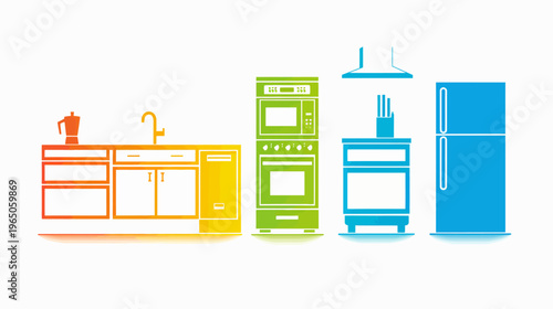 Vibrant kitchen appliances outlined in linear style with a color spectrum fill