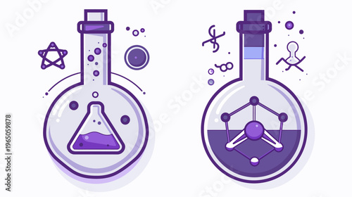 Two science beakers with stylized content in purple outlines on a bright white backdrop