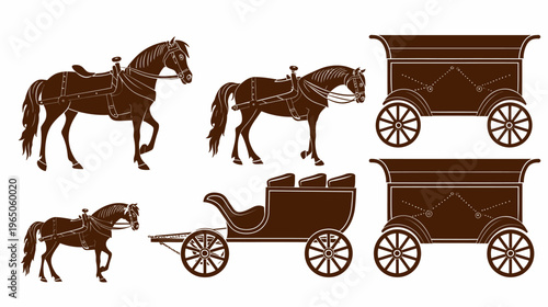 Silhouette illustration featuring horses with saddles and ornate wheeled carriages