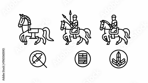 Black line drawing of three stylized horses and riders, isolated on white background