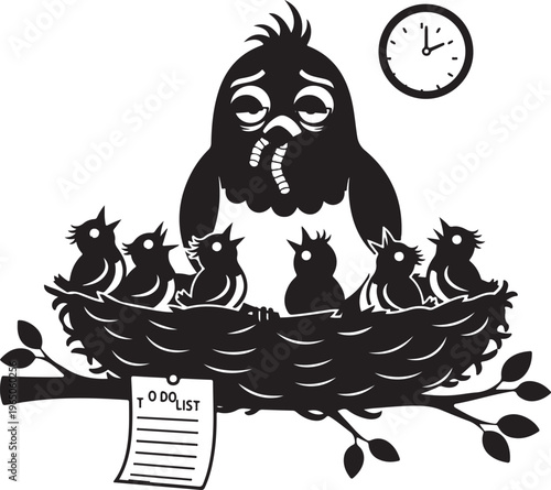 Silhouette of a stressed bird in a nest with young, Generative Ai