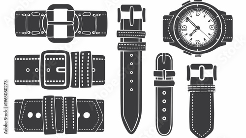 Assorted watch straps and a watch face are depicted in a black and white vector