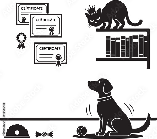 Silhouette of dog and cat with certificates and books, Generative Ai