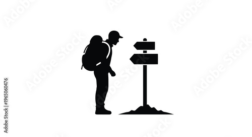 Silhouette of a hiker contemplating directions at a signpost