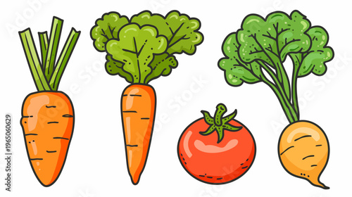 Cartoon vegetables carrots, turnip, tomato. Outlined in black and shaded. Isolated
