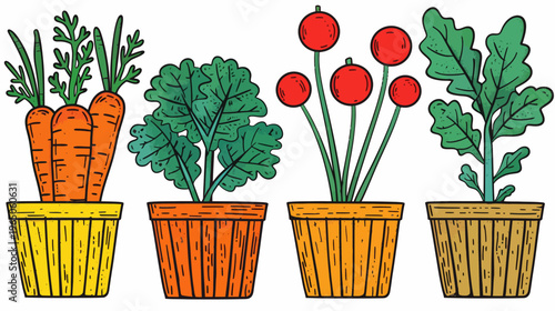 Four potted garden plants carrots, leafy green, red berries, and another leafy green, stylized art
