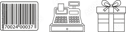 Essential retail and shopping icons including a barcode cash register and gift box presented in a simple outline flat vector design for e-commerce and business applications