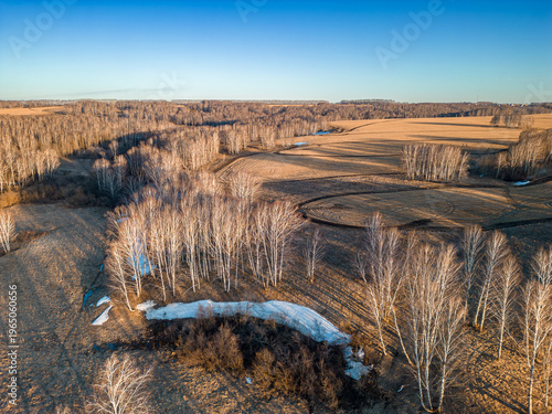 Fotografía Aerial view of large fields after snowmelt with stubble residue for erosion prot