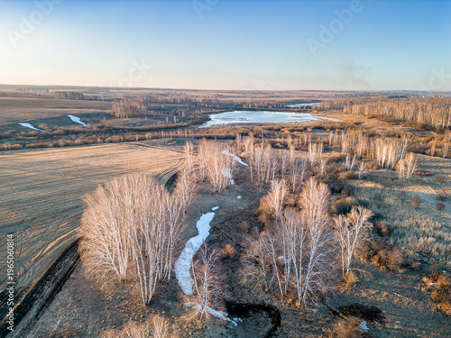 Konstfotografi Aerial view of birches on slopes and swampy lowlands beyond agricultural lands w