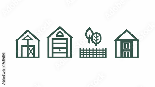 Four dark green line icons of buildings a barn, a garage, trees behind a fence, and a house
