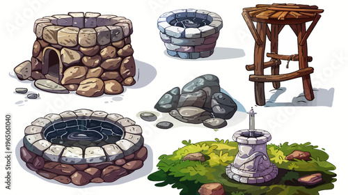 Hand-drawn style illustration of rock wells, water fountains, and a wooden structure