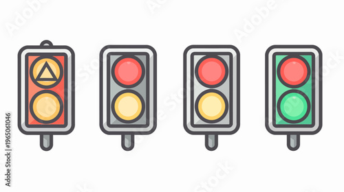 Four traffic lights, different colors indicating diverse statuses and actions