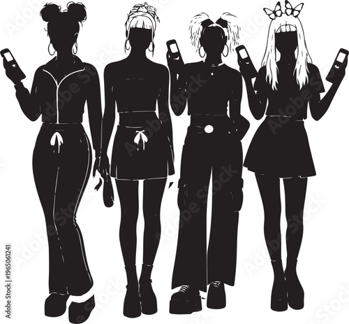 Four women in silhouette checking their phones together, Generative Ai
