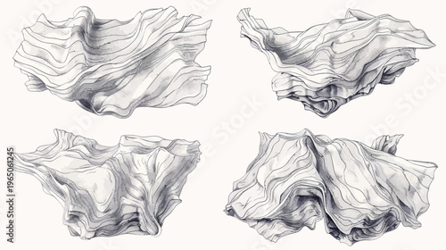 Four abstract, grayscale fabric forms in swirling, textured shapes on pale background