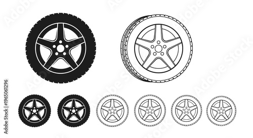 Black and white illustration depicting various car wheel and tire designs