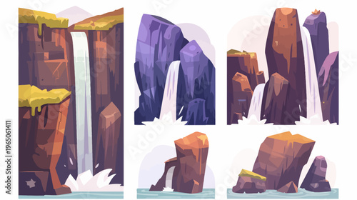 Pixelated stylized waterfalls cascading down rugged, colorful rocks into the water below