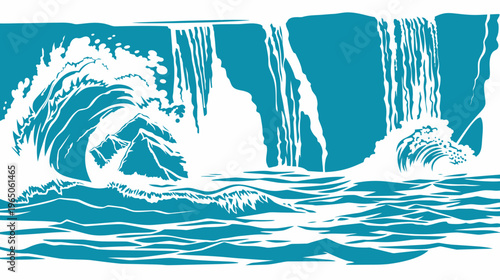 Monochrome artwork of a waterfall crashing into a turbulent ocean with jagged rocks