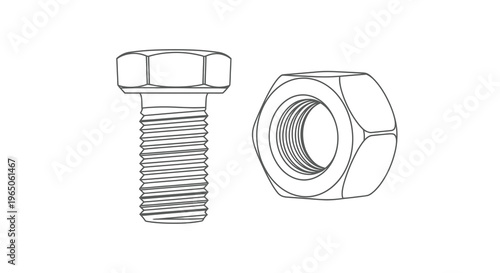 Line drawing of a bolt and nut hardware fasteners displayed