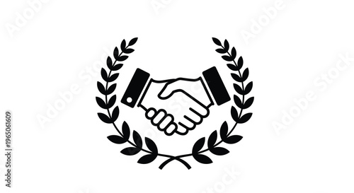 A black and white illustration of two hands shaking framed by laurel branches