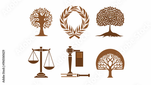 Icon set featuring trees, scales of justice, gavel, and wreath, all in brown tones
