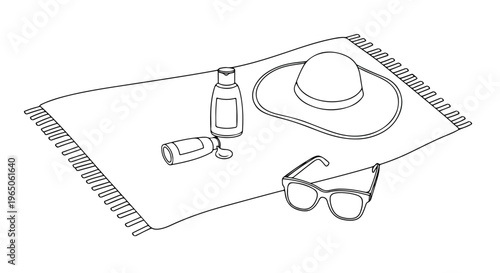 Beach towel, summer accessories, sun hat, sunglasses, sunscreen, vector icons