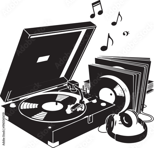 Vinyl record player silhouette with music notes and headphones, Generative Ai
