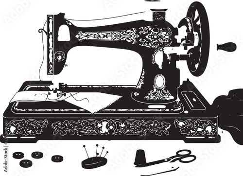 Vintage sewing machine with accessories in silhouette, Generative Ai