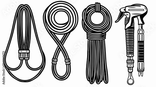 Black and white graphic illustration of multiple ropes/cords and a sprayer tool