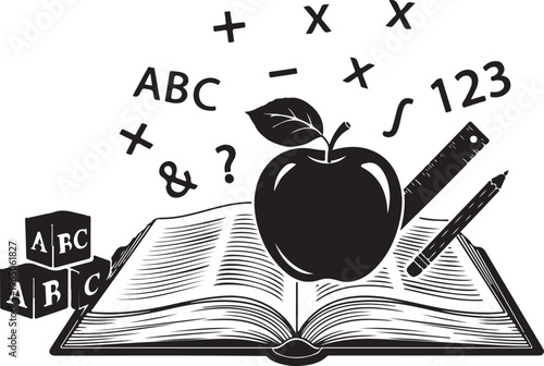 Silhouette of an apple on an open book with math symbols, Generative Ai