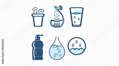 A collection of water-related icons with droplet, glass, faucet, and bottle designs