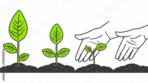 Plant growth stages illustrated; seedling, sapling, growing; hand caring for plant